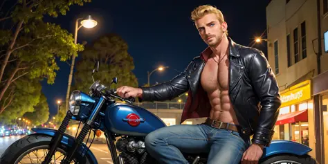 masterpiece, absurdres, best quality, highres, realistic, ground vehicle, male focus, a homoerotic man sitting on top of a motorcycle, motor vehicle, jacket, solo, tree, suburbs, (night:1.1), streetlight, blue eyes, motorcycle, blue plaid collared long sleeve open shirt, road, facial hair, very short blonde hair, black leather jacket, depth of field, pectoral cleavage, chest hair, pectorals, greaser, film grain, (rebel without a cause:1.2)