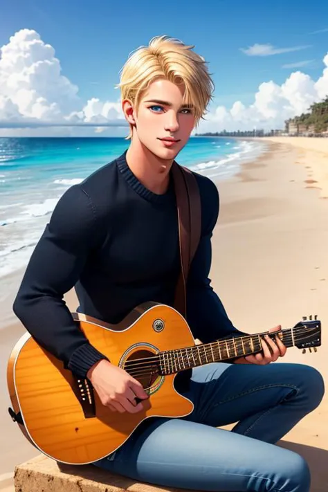 18 year old guy, blonde hair, blue eyes, freckles, playing guitar, sitting on the beach, wearing black sweater, blue jeans, musc...