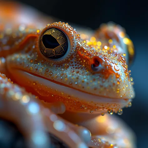 extreme closeup, frog face, star crystal structure, intricate designs, glowing hues. extreme depth of field, celestial light, sh...