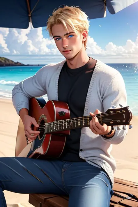 18 year old guy, blonde hair, blue eyes, freckles, playing guitar, sitting on the beach, wearing black sweater, blue jeans, musc...