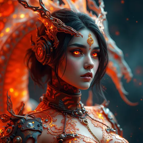 extremely detailed 3d render portraits of a cyber-dragon themed flaming gothic arcane tech woman, cables, arcane tech-dragon ins...