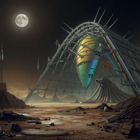 sci-fi landscape, derelict alien structure, holographic iridescence, massive metal arches, dark skies, damaged antennas. ground ...