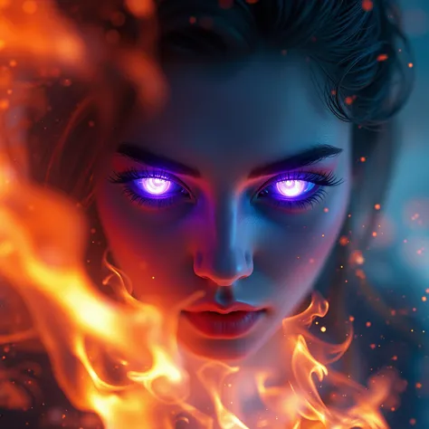 ethereal female face in 4k ultra closeup, eyes radiating eerie mystical aura with crystalline composition tinted purple-blue hue...