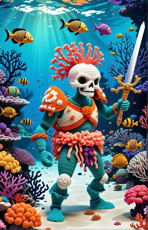 skeleton with sword and shield, walking in beautiful bottom of the ocean, colorful coral reef, seaweed, amigurami,