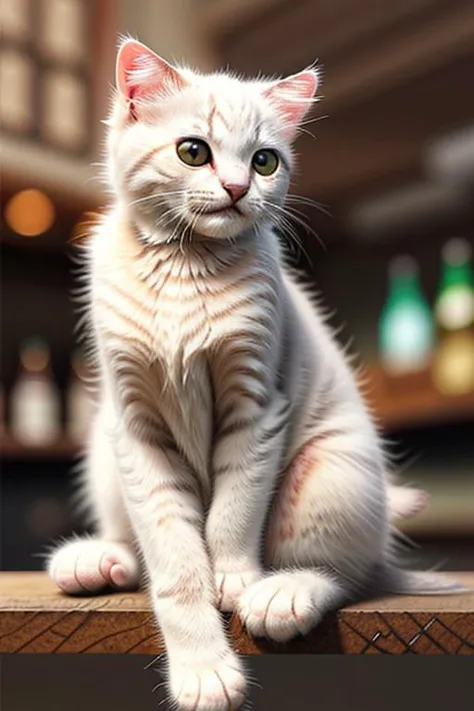 capture a full hyper-realistic photograph of an adorable  white kitten sitting on a bar, beer, wearing sunglasses, cutest in civ...