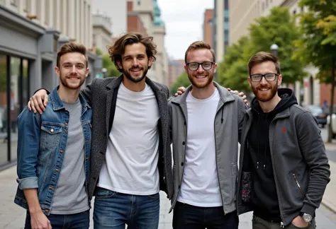 four men in their 20s wearing casual clothing standing next to one another