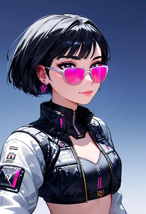 minimalist vector illustration, woman character, black hair, with pink sunglasses, futuristic  environment, crop jacket with acu...