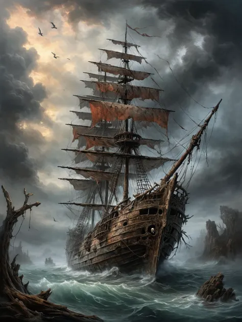 oil painting,  an old, weathered, coral-covered ghost ship,
 34K uhd, masterpiece, high detail, 8k, intricate, detailed, high resolution, high res, high quality, <lora:add-detail-xl:1.8>, highly detailed, Extremely high-resolution details, fine texture,