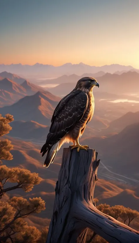 a hawk perched on a high branch, overlooking a sprawling mountain range at dawn, ultra_detailed, 8k, photorealistic, majestic an...