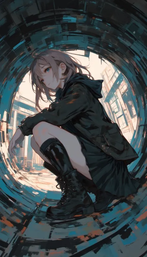 side view, stuck in a sewer pipe, fashionable crouching pose, feet up, female