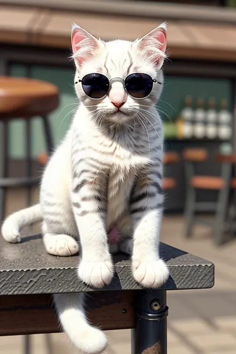 capture a full hyper-realistic photograph of an adorable  white kitten sitting on a bar, beer, wearing sunglasses, cutest in civ...