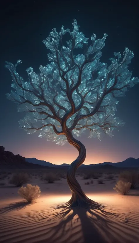 a tree made of glass growing in the middle of a glowing desert, each branch reflecting the moonlight, ultra_detailed, 8k, ethere...