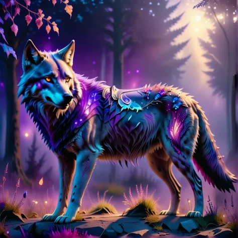 a fantasy wolf in thick fog dimly lit with purple cinematic light,
raw, real photo portrait, insanely detailed, depth of field, ...