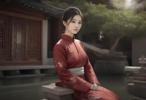 moxing style, chinese pagoda,  ancient chinese garden, 1girl, upper body, sitting, detailed skin, hi-resolution.