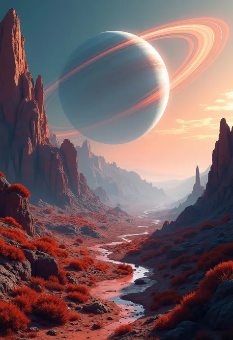 A dramatic landscape on an exoplanet with a breathtaking view of a ringed gas giant in the sky. The planet’s surface is rugged and alien, with strange rock formations and vibrant, otherworldly vegetation. The rings of the gas giant cast colorful shadows and reflections, creating a surreal and captivating environment.