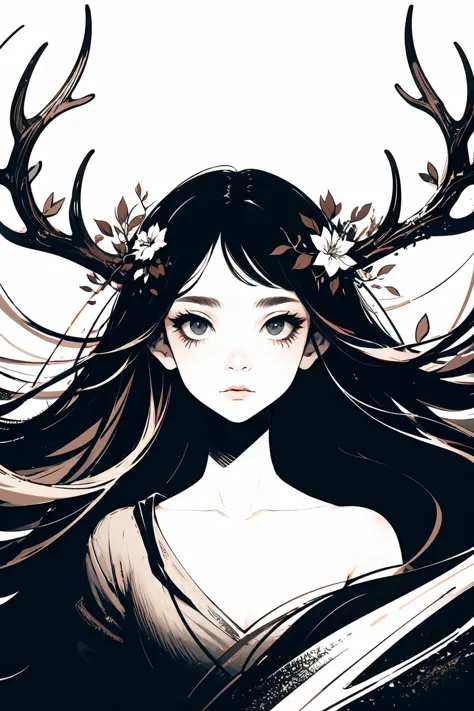 a woman with antlers on her head and long hair