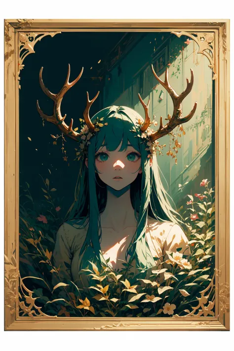 a painting of a woman with horns and a deer head