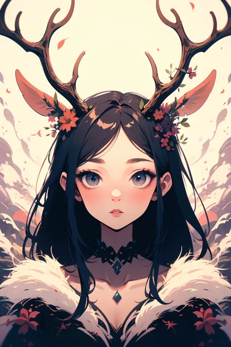 anime girl with antlers and flowers in her hair