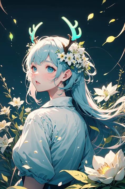 a girl with blue hair and flowers in her hair