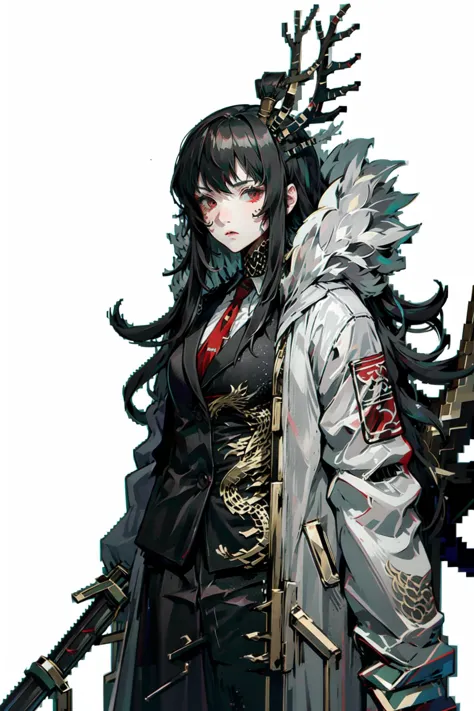 (extremely detailed CG unity 16k wallpaper,chinese dragon theme:1.3),
ultra high res, <lora:xiao-10:0.75>( xiao, 1girl, solo, long hair, black hair,coat,dark dragon tail,sparse black scales,holding a heavy long handle knife:1.3),  <lora:blooming_antlers:0.8> deep dark antlers, <lora:SlitPupils:0.2> IncrsSlitPupil,yellow slit pupils eyes,
(nonrepresentational art,vivid color,visual kei,very rough strip:1.3),
style of decadent illustrations,meiji art,
pixelated chaos,lith printing, 
 <lora:Concept_SwordOverShoulder:0.8> weapon over shoulder, hand on hip