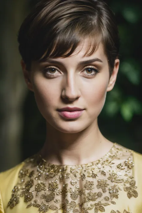 a close up of a woman with a yellow dress and a gold necklace