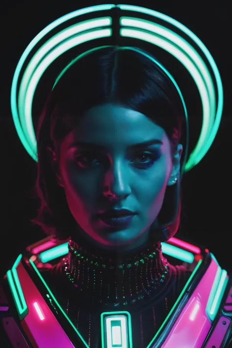 a woman with neon lights on her head and a choke