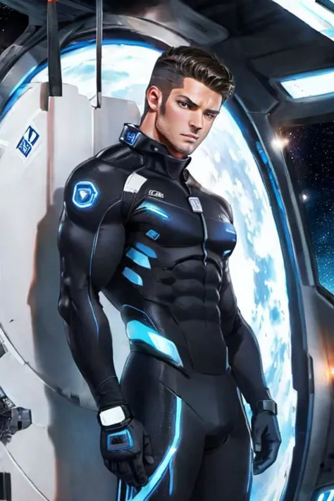 cowboy shot, 1man, an attractive muscular COMPANIONNIKITA, defined muscles, compression suit, space station on background, sci-fi, white black blue, (dangerous), (atmosphere), coherent, continuity, epic, sharp lines