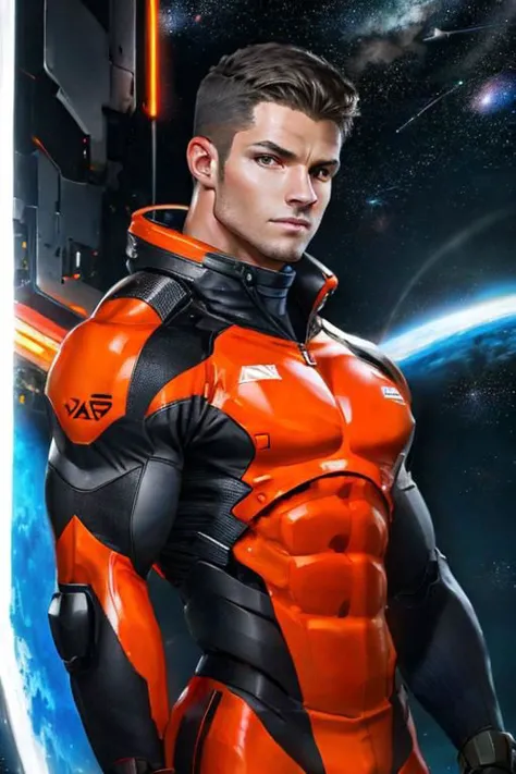 cowboy shot, 1man, an attractive muscular COMPANIONNIKITA, defined muscles, compression suit, space station on background, sci-f...
