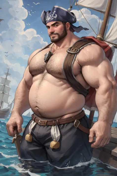 face portrait of a grizzled medieval sailor deckhand, pirate, chubby, beefy, fat, stocky, sleeveless white striped tunic, chest hair, arm hair, looking at viewer, stubble, short hair, rpg, fantasy, d&d, at the docks, subsurface scattering, detailed shading...