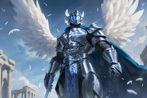 dramatic portrait of a powerful archangel wearing glowing plate armor and helmet in elysium, halo, (large majestic white wings:1.2), feathers, very masculine, muscular, vibrant blue sky, Greco-Roman architecture, looking down, flowing cape, rule of thirds,...