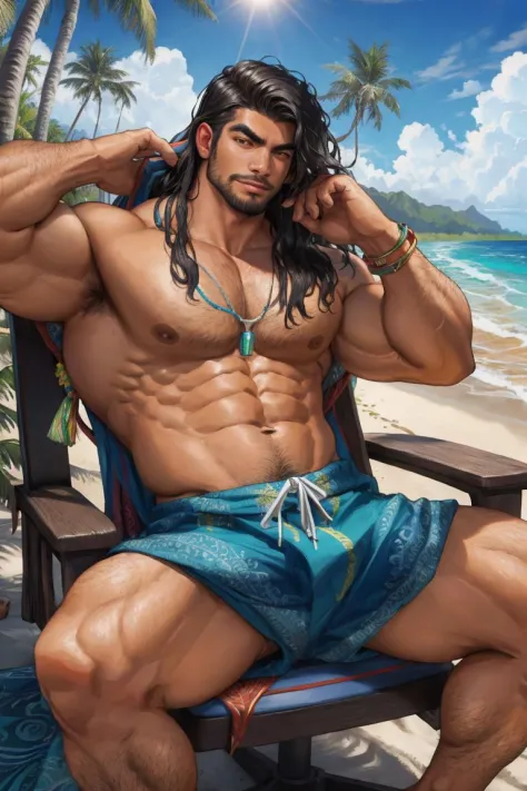 polynesian man lounging on a chair, long hair, muscular, looking at viewer, beach, intricate colorful detailed clothes in the sun, palm trees, breaking waves, absurdres, subsurface scattering