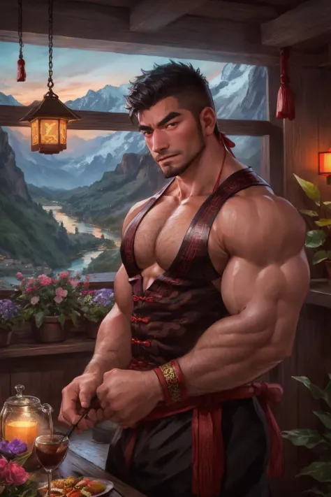 face portrait of a gruff muscular Chinese man wearing stylish clothes in a cozy mountain inn overlooking a valley, manly, athletic, detailed eyes, stubble, arm hair, rule of thirds, flowers and plants, sharp focus, cinematic lighting