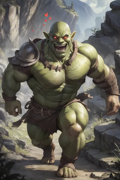 (spoken heart:1.3), grinning, pov, face portrait of an orc warrior in an aggressive stance, running toward the viewer, leather armor, (green skin:1.1), bald, monstrous face, grizzled, brute, chest hair, arm hair, stubble, arm hair, d&d, fantasy, baldur's gate, mordor, menacing, beefy, burly, subsurface scattering, looking at viewer