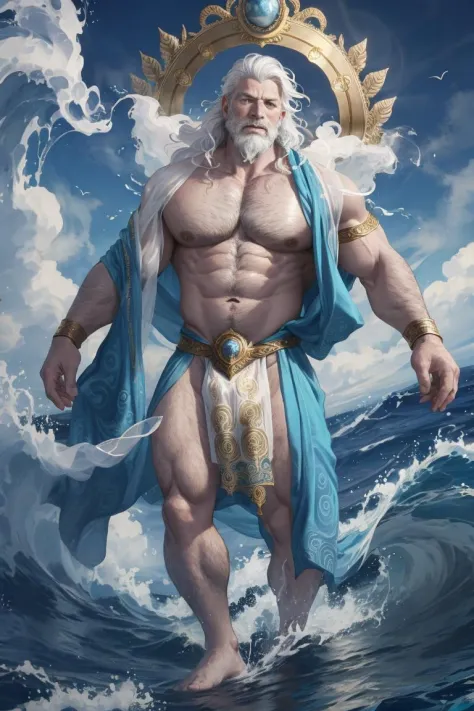 face portrait of Proteus the god of the ocean shrouded in mysterious swirling waves, wearing open silk robes with intricate patterns, gold, regal appearance, atmospheric fog, crashing waves, gruff features, white hair, mature man, beard, chest hair, arm ha...