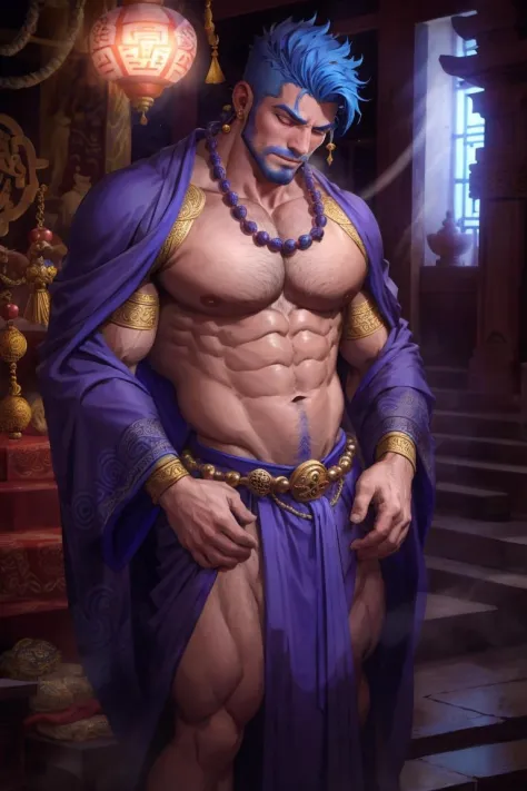 monk with blue hair, in a temple, intricate robe, bara, manly, chest hair, pecs, (prayer beads:0.8), stubble, dark-skinned male
