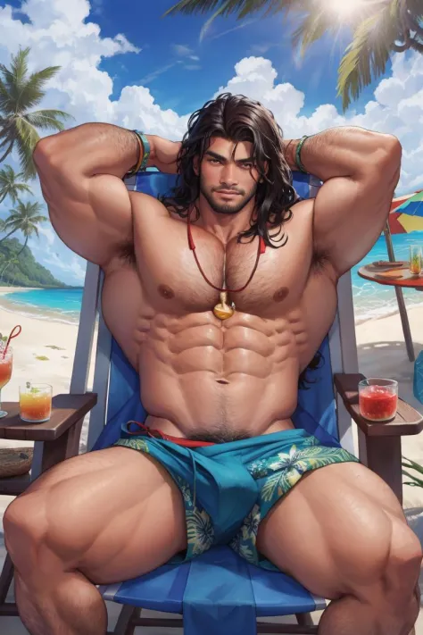 polynesian man lounging on a sun chair, manly, long dark hair, muscular, looking at viewer, relaxed pose, beach, tropical drink, intricate colorful detailed clothes in the sun, palm trees, breaking waves, absurdres, subsurface scattering