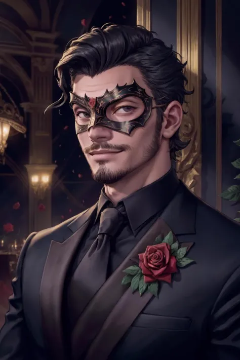 face portrait of a masked man in a fancy ballroom wearing a steel (masquerade:1.3) mask and an expensive tailored suit, handsome, rugged, close up, detailed eyes, wavy black short hair swept back neatly, smirking, manly, square jawline, goatee stubble, ros...