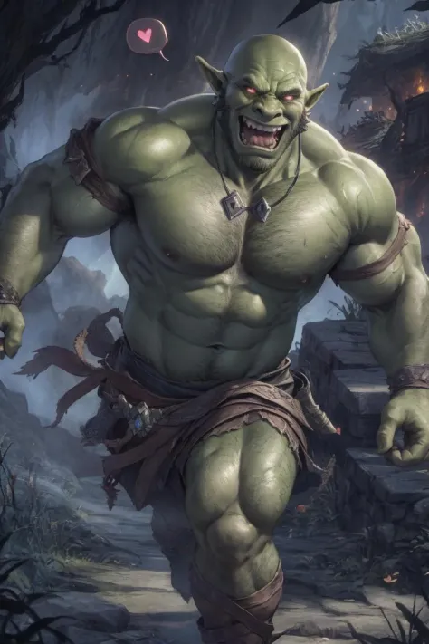 (spoken heart:1.3), grinning, pov, face portrait of an orc warrior with green skin aggressively running toward the viewer, leather armor, bald, monstrous face, grizzled, brute, chest hair, arm hair, stubble, arm hair, d&d, fantasy, baldur's gate, mordor, m...