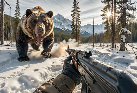 there is a bear that is walking in the snow with a gun