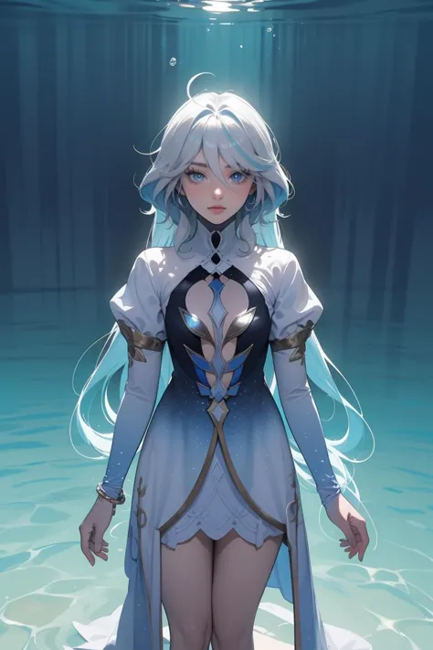 (masterpiece, best quality, beautiful and aesthetic:1.3), upper body, portrait, 1girl, solo, standing on water, focalors, heterochromia, cutout dress, long sleeves, anklet, barefoot, blue theme, looking at viewer, <lora:furina-focalors-v2d1x:1>, water, ocean