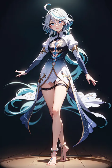 a woman in a white dress with blue hair and a sword