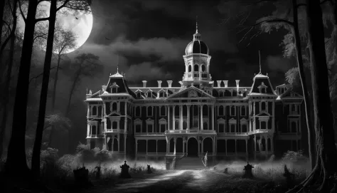 royal palace,haunted,dark night,forest, black & white, horror cgi 4k, scary color art in 4k, horror movie cinematography, insidi...