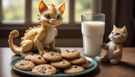 cookie dragon,surrounded by cookie kitten,glass of milk nearby,