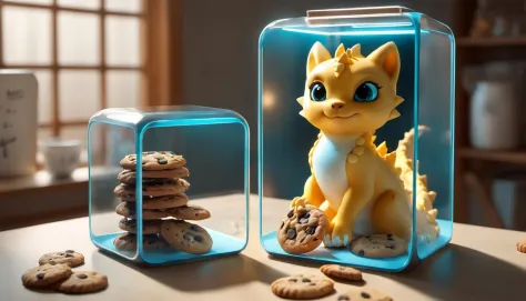 cookie dragon,surrounded by cookie kitten,glass of milk nearby,, in square glass case, glass cube, glowing, knolling case, ash thorp, studio background, desktopography, cgsociety 9, cgsociety, mind-bending digital art