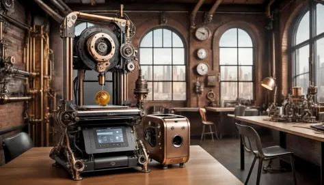 steampunk 3d printer,modern future,