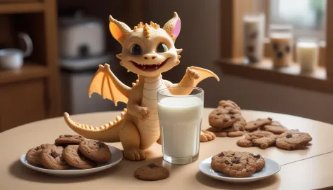 cookie dragon,surrounded by cookie kitten,glass of milk nearby,