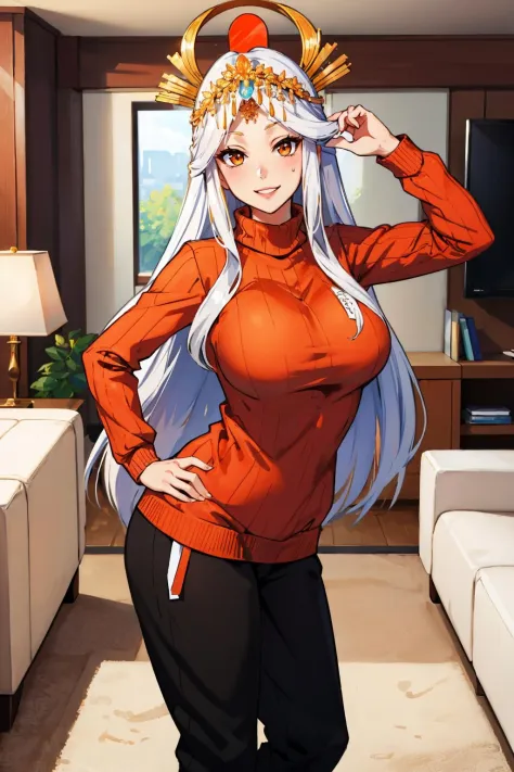 masterpiece, best quality, <lora:miketsu-nvwls-v1-000010:0.8> miketsu, headdress, hair ornament, orange sweater, large breasts, looking at viewer, sweatpants, living room, standing, smile