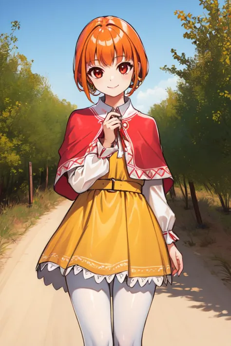 1 girl, outdoors, desert, standing, smile,
 <lora:Azure_Dreams_-_Fur:0.5> azurefur, orange hair, red eyes, short hair, bangs,
 ((hoop skirt)), red capelet, yellow dress, white pantyhose,