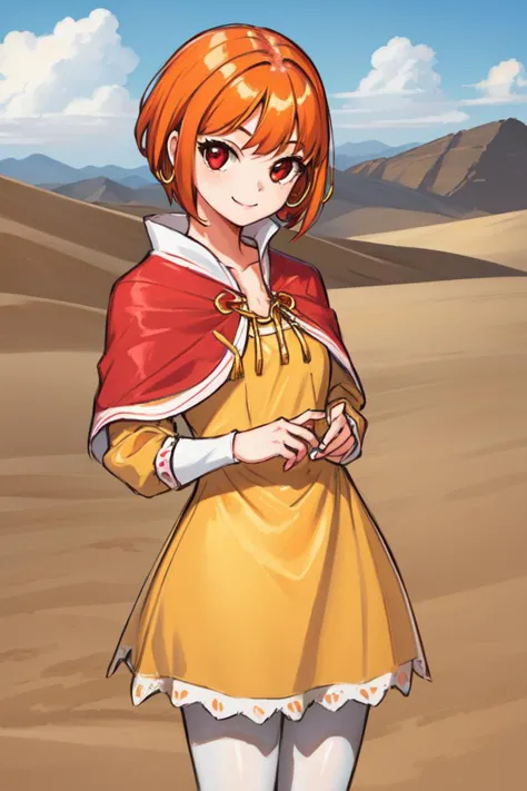 1 girl, outdoors, desert, standing, smile,
 <lora:Azure_Dreams_-_Fur:0.5> azurefur, orange hair, red eyes, short hair, bangs,
 ((hoop skirt)), red capelet, yellow dress, white pantyhose,