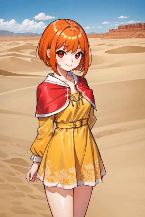 1 girl, outdoors, desert, standing, smile,
 <lora:Azure_Dreams_-_Fur:0.5> azurefur, orange hair, red eyes, short hair, bangs
red capelet, yellow dress, hoop skirt,